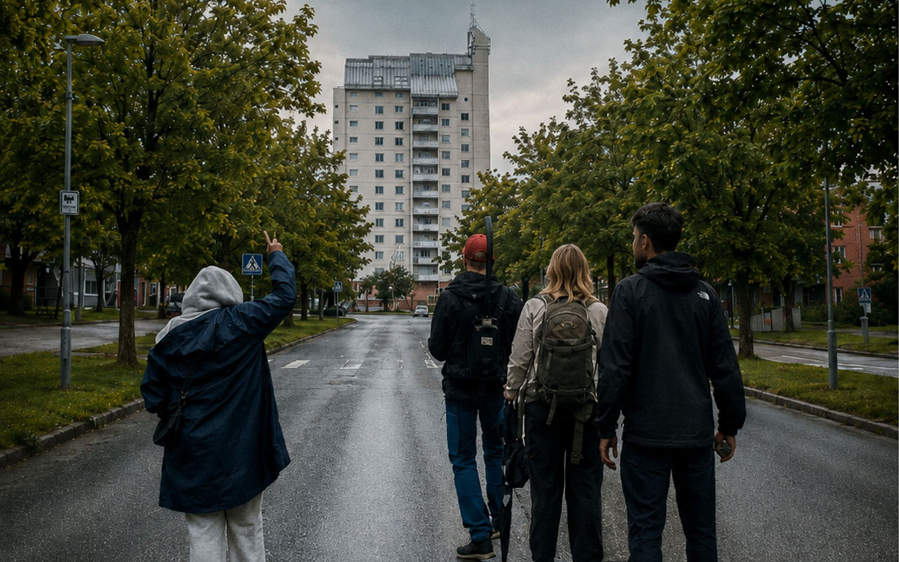 Ungdomar står på en väg med ryggen mot kameran. Deras ansikten är vänt mot ett höghus.