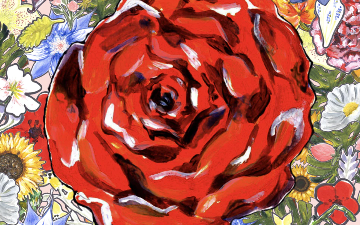 Målning av blommor i rött och rosa